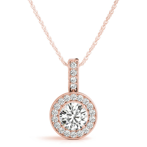 14K Rose Gold Round Diamond Halo Pendant