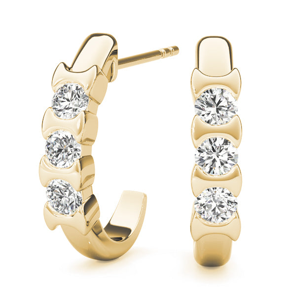 18K Yellow Gold Round Diamond Three Stone Earring