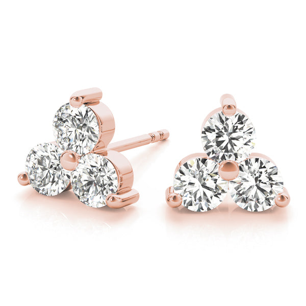 18K Rose Gold Round Diamond Three-Stone Stud Earrings