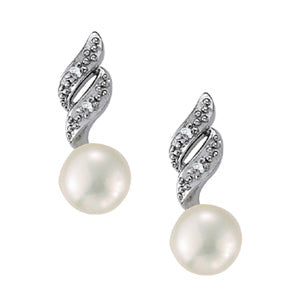 14K White Gold Diamond Pearl Drop Earrings