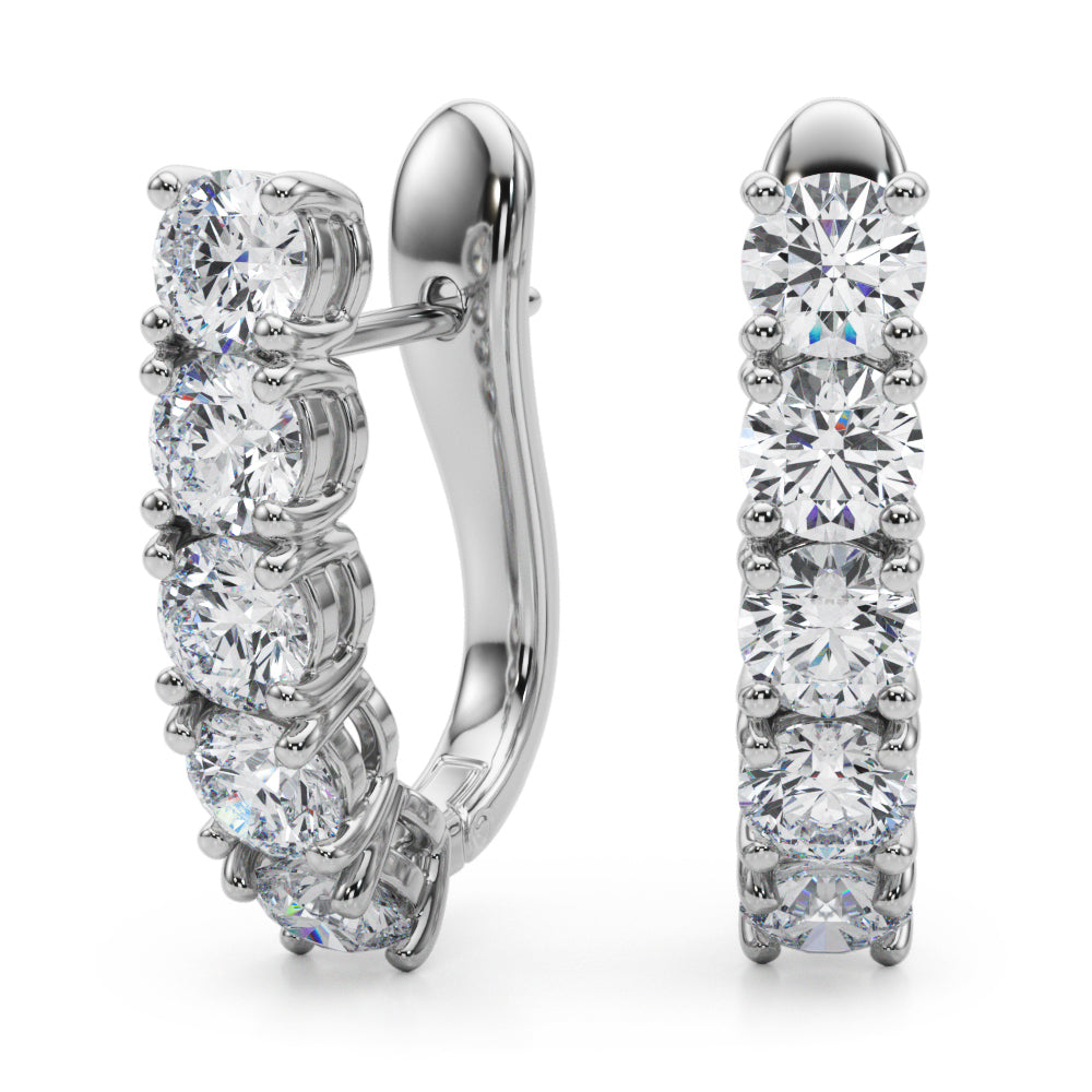 18K White Gold Round Diamond J-Hoop Earrings
