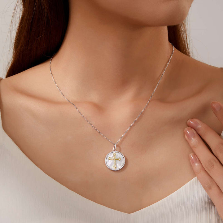 Cross On Mother Of Pearl Disc Necklace